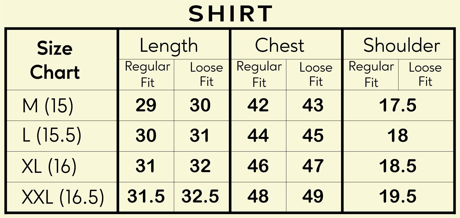 Shirt Size Chart